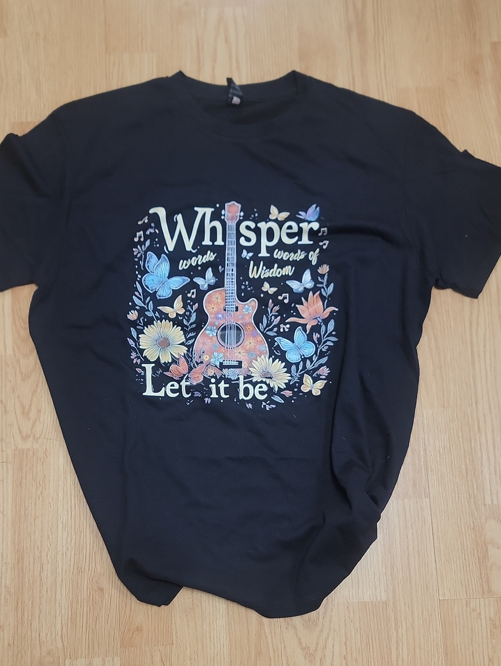 Black Graphic Tee with Floral Guitar Print - Whisper Let It Be